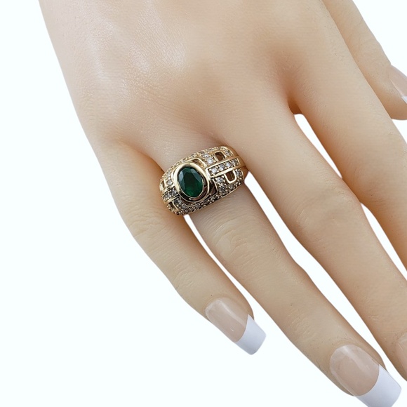 14K Yellow Gold Natural Emerald and Diamond Dome Ring Size 5.75 #21213 - Picture 7 of 9